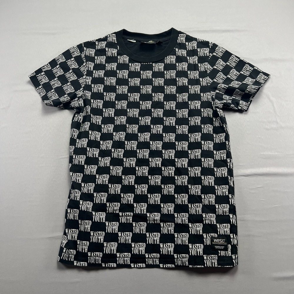 Wesc T Shirt Mens S Black White Wasted Youth All Over Print Crew Neck Streetwear